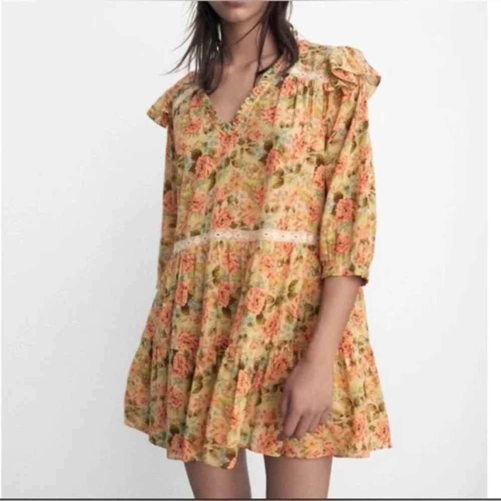 Zara Floral Print Tiered Mini Dress with Lace Inserts Ruffles
